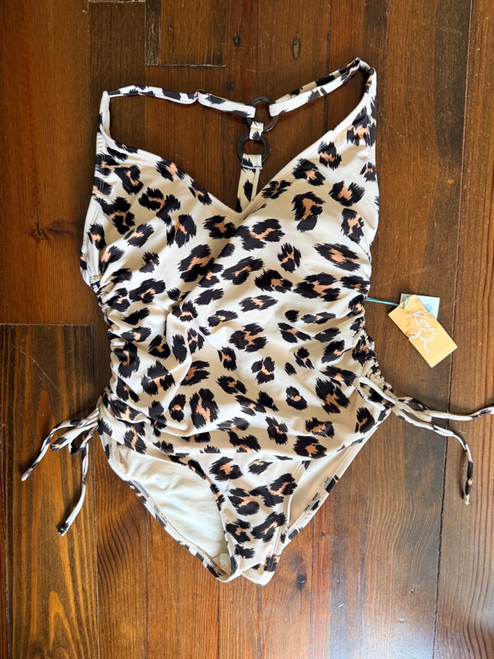 NWT KONA SOL Tortoise Ring Leopard Print Side Tie Ruched One Piece Swim - Med